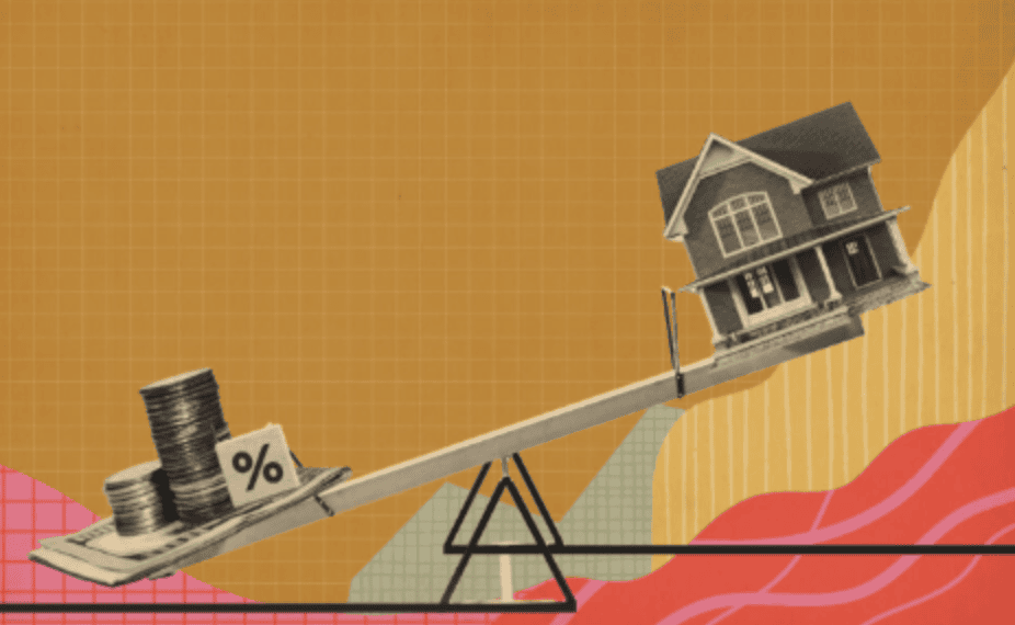 Illustration of seesaw with house on one side and coins with percent sign on the other