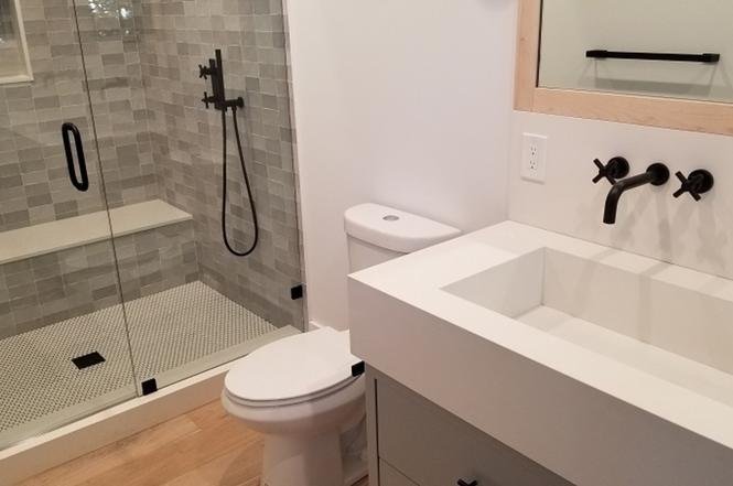 Bathroom with walk-in shower, toilet, and wood floor.