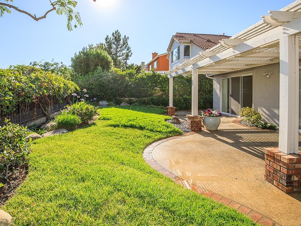 California real estate house backyard with green lawn, landscaping, and covered patio.