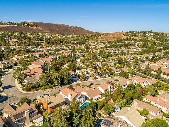 Aerial view of California real estate houses with trees and hills.