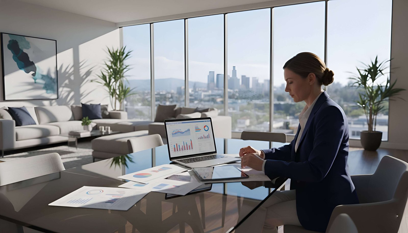 Woman working on laptop with documents at an office table with city view.
