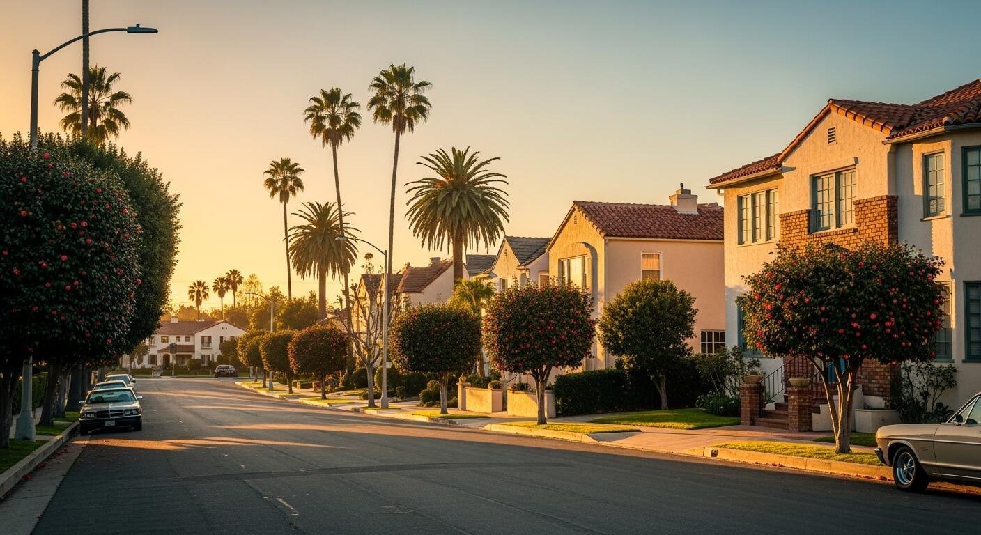 Suburban street with palm trees and houses, California real estate.