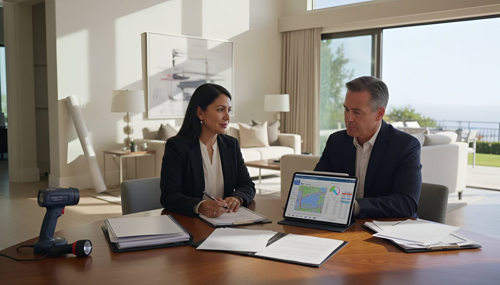 Real estate agents reviewing papers and laptop with map at an office table.