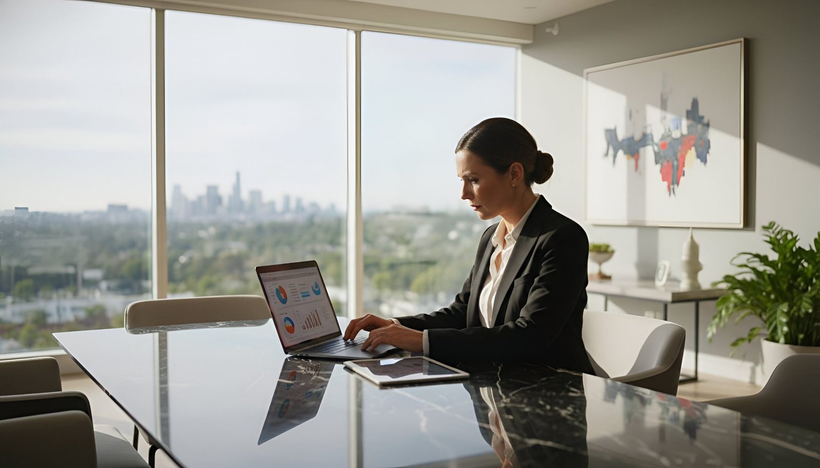 Woman working on laptop at office desk with city skyline view.