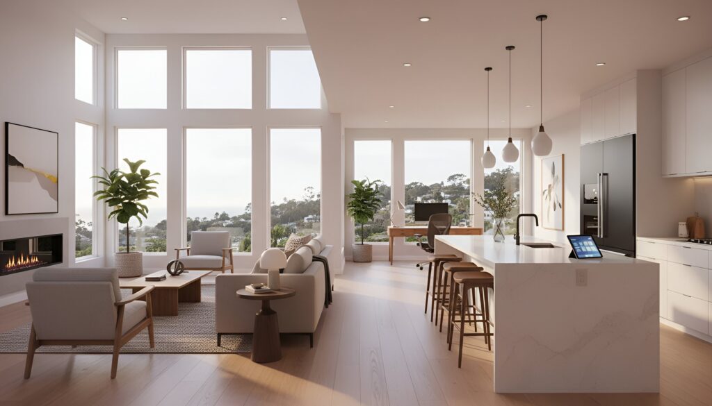 Modern living room and kitchen with sofa, coffee table, plants, island, bar stools, and large windows.