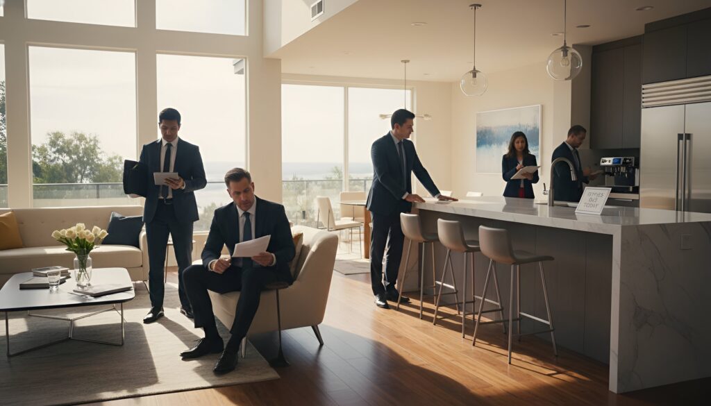 Five real estate professionals working and talking in a modern office.