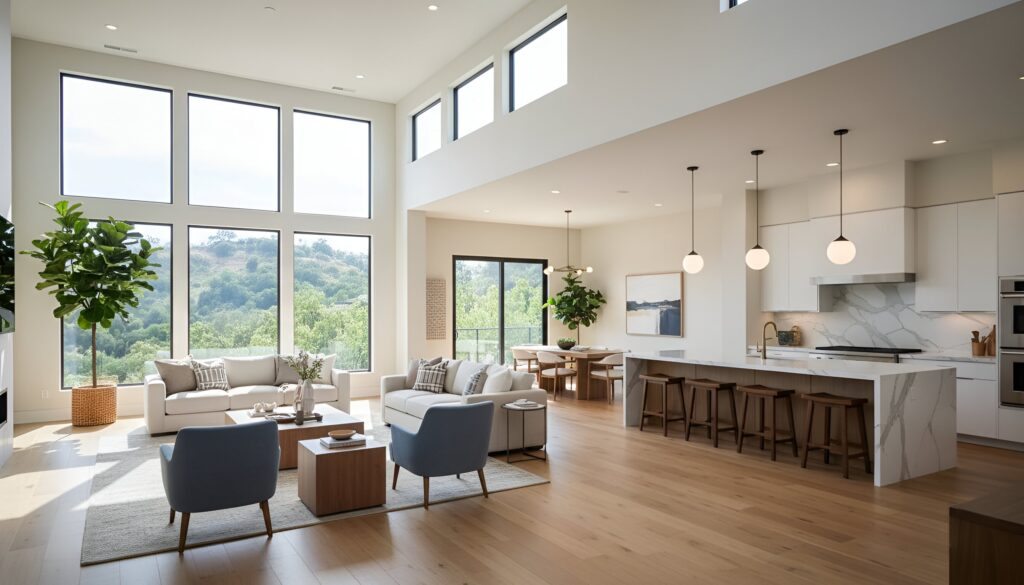 Modern living room and dining area with sofa, large windows, plants, and simple decor.