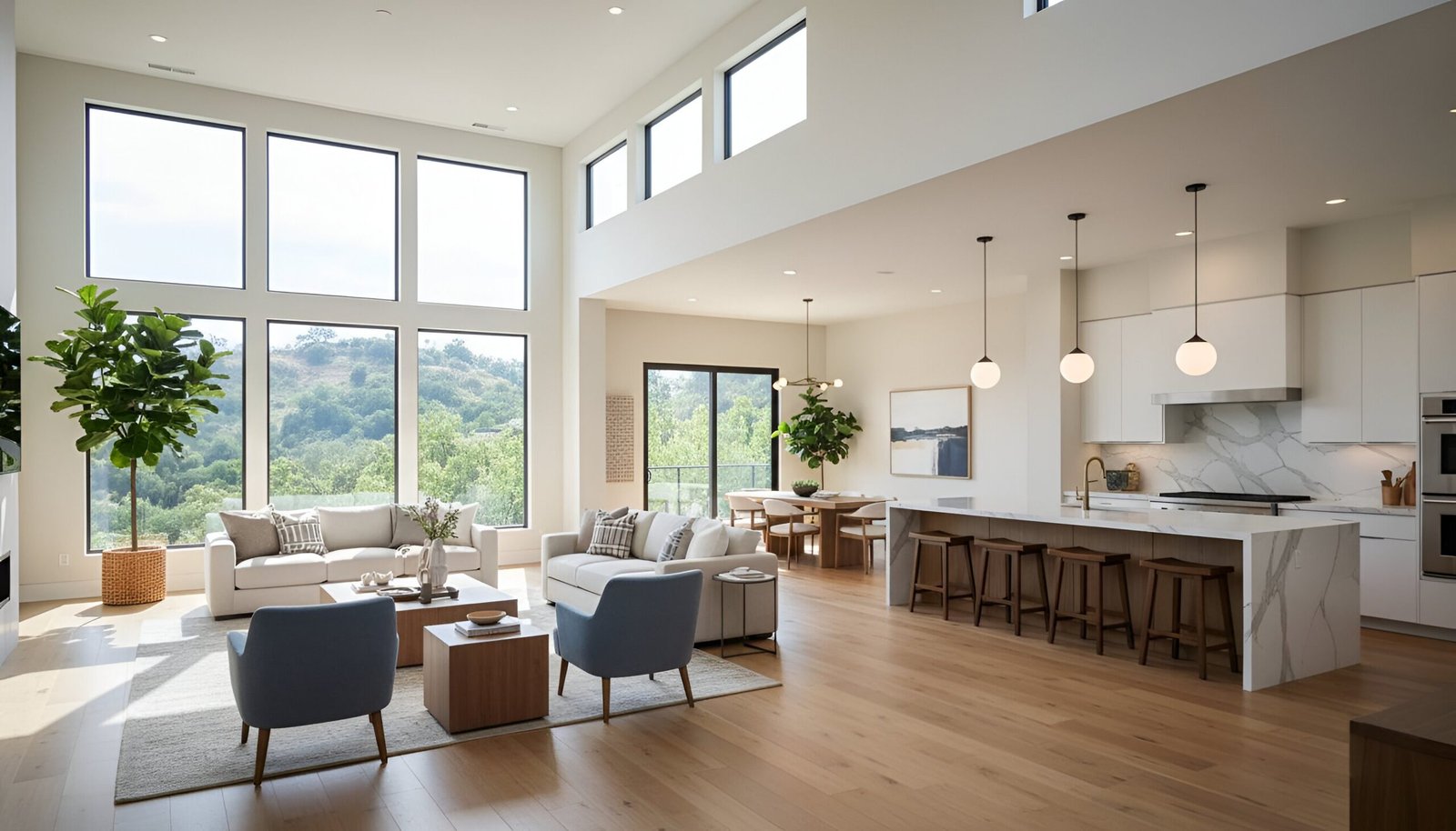 Modern living room and dining area with sofa, large windows, plants, and simple decor.