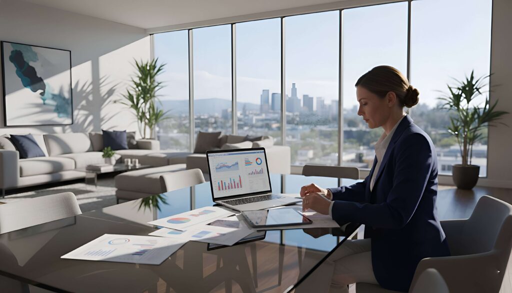Woman working on laptop with documents at an office table with city view.