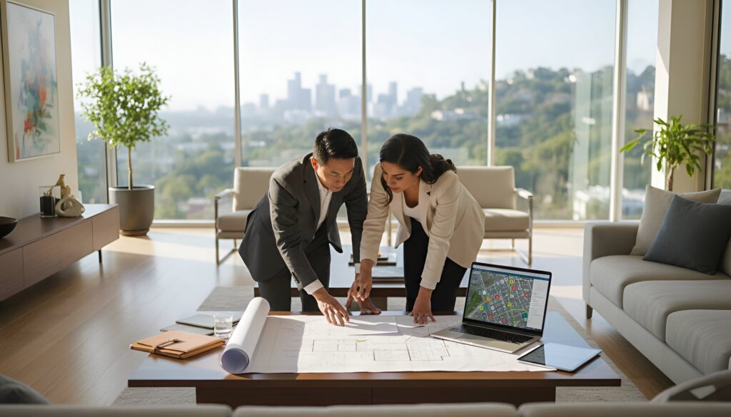 Two professionals reviewing real estate plans on a table with a laptop in a modern office.