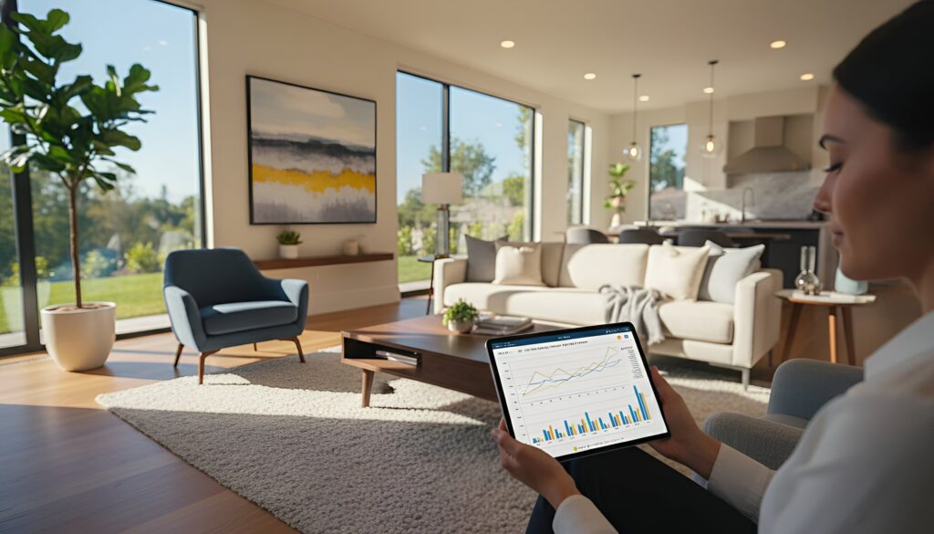 Woman using tablet to view charts while sitting on a couch in a modern living room.