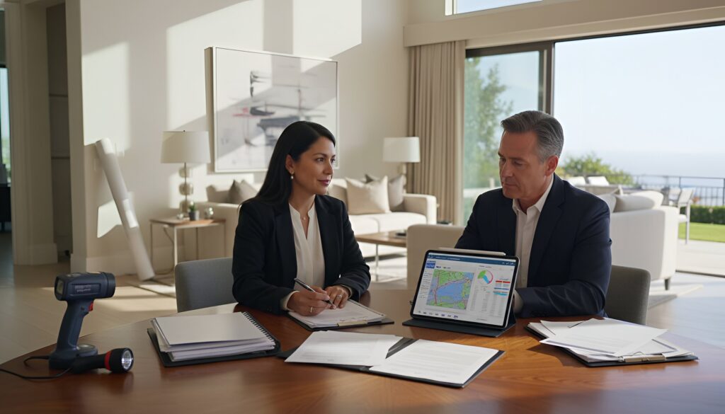 Real estate agents reviewing papers and laptop with map at an office table.