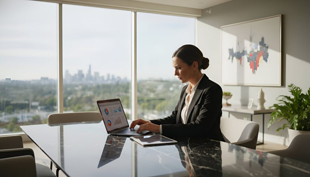 Woman working on laptop at office desk with city skyline view.