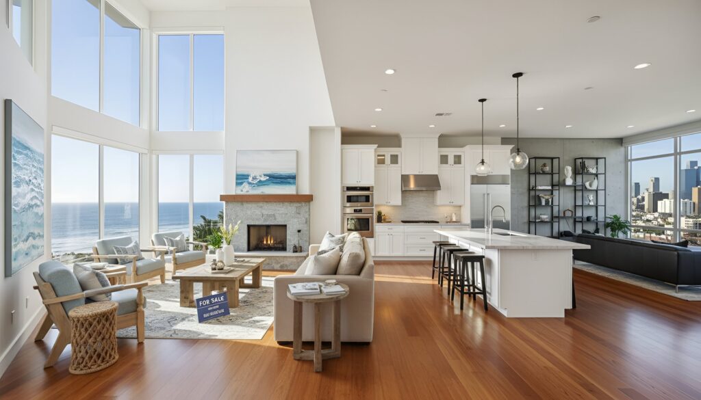 Modern living room and kitchen with fireplace, dining table, large windows, and ocean view.